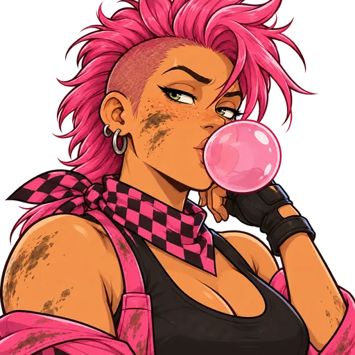 Dee Railer, pink mohawk, blowing a bubblegum bubble