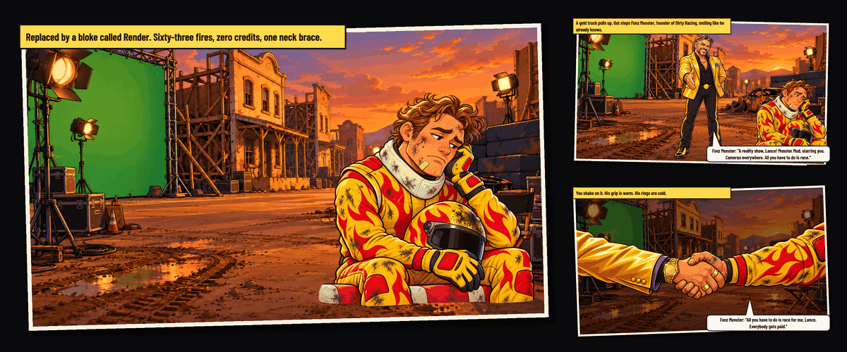 Three comic panels from The Offer: a stunt double slumped on a film set, Fonz Monster arriving in a gold jacket with his hand out, and the handshake