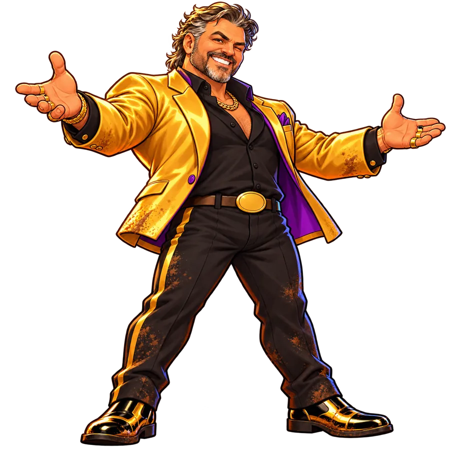 Fonz Monster in a gold jacket, welcoming you to his racing league