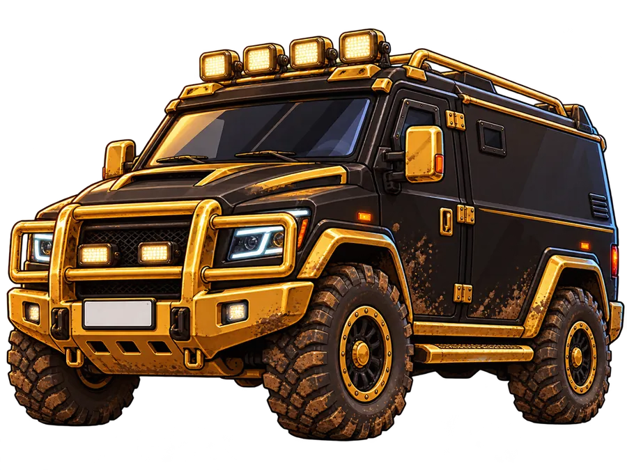 The armoured Payday van, black and gold, with a roof light bar