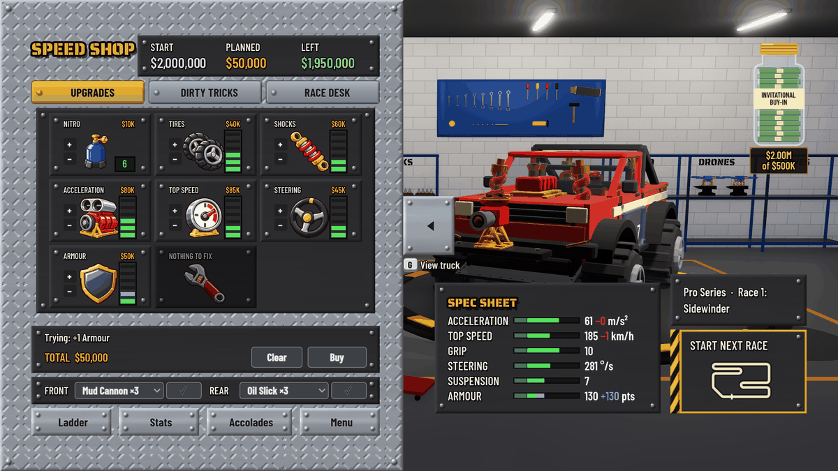 Garage upgrade panel with a transparent armour preview on the updated truck