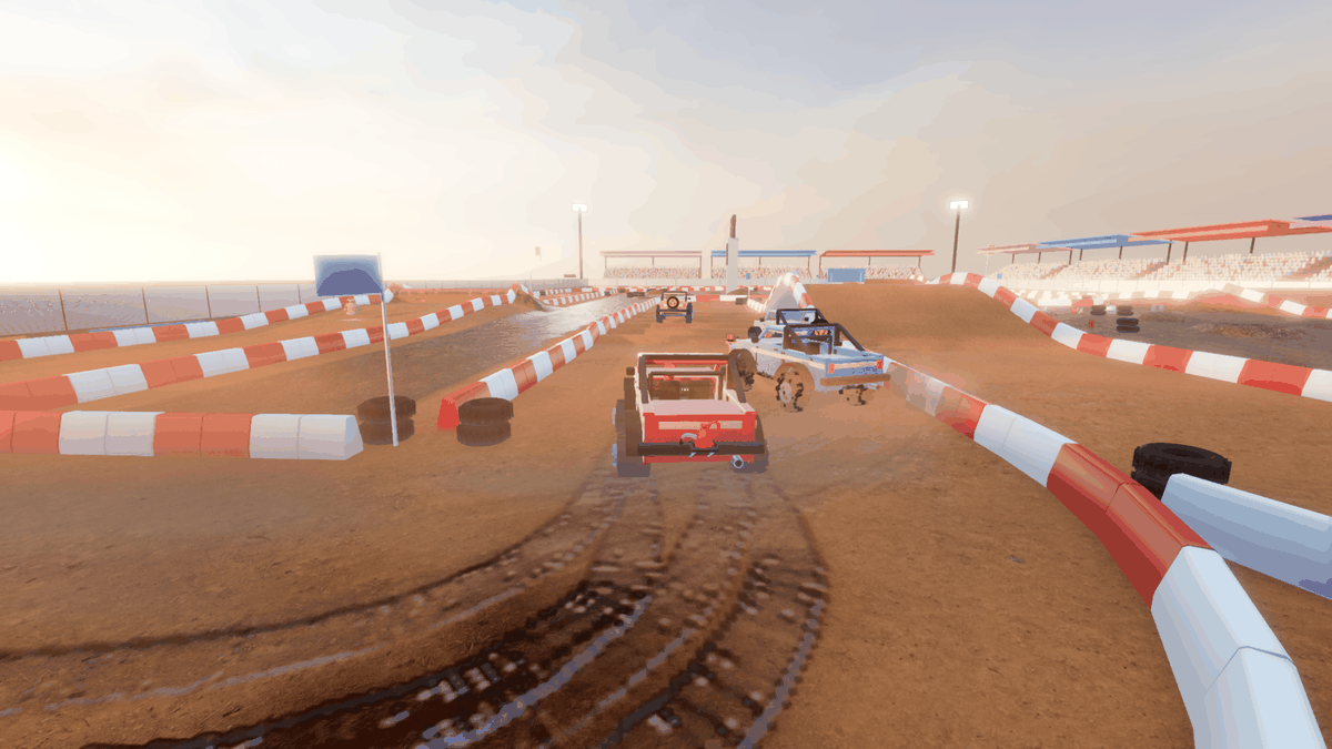 Updated trophy trucks racing down the stadium straight in warm sunset light