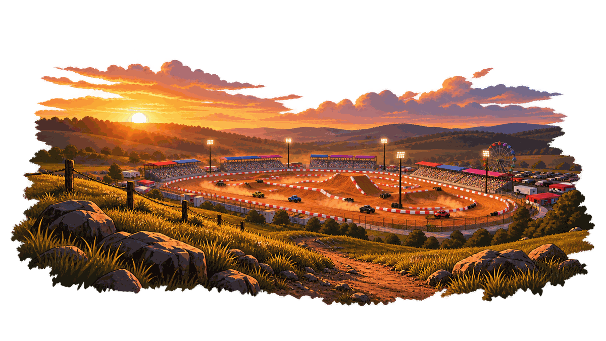 Illustrated stadium in the countryside at sunset