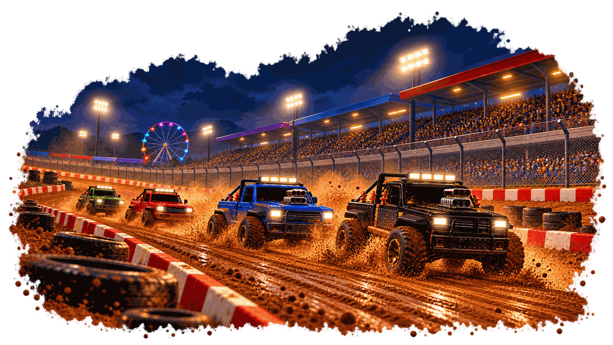 Illustrated trucks racing toward the viewer under floodlights