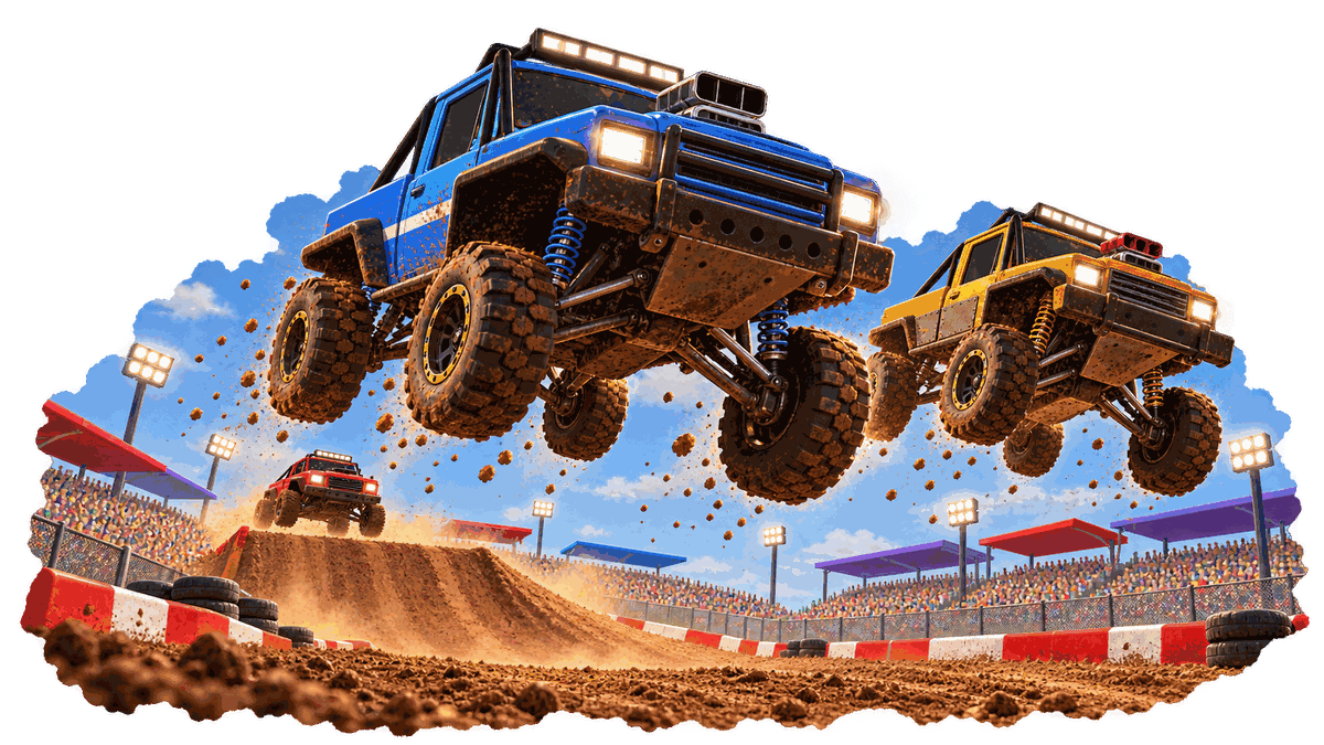 Low-angle illustration of trucks flying high over a dirt jump