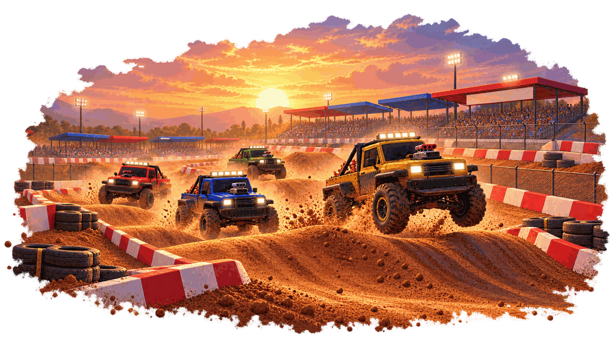 Illustrated racing trucks tackling dirt rollers in the sunset